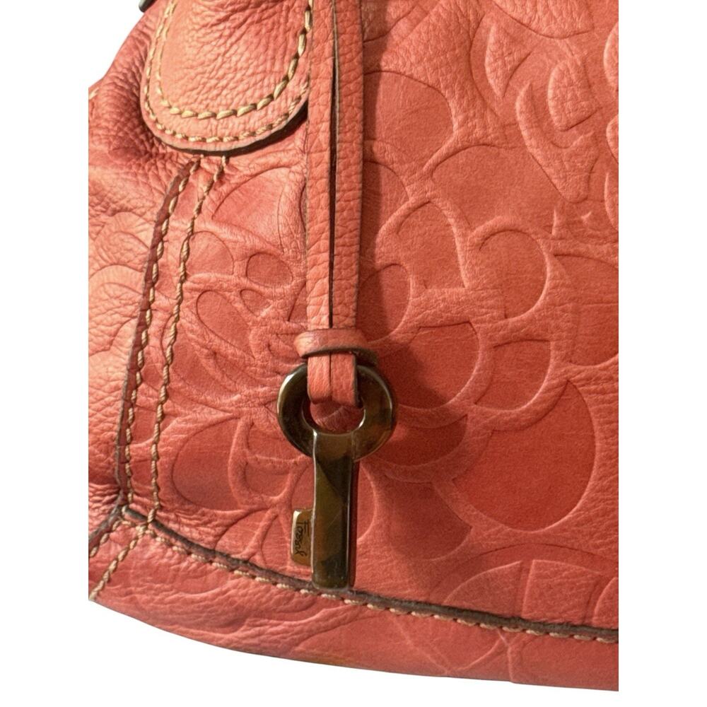 Fossil Shoulder Bag Coral Embossed Floral Double Handle Tortoise Key Charm EUC - Picture 3 of 16
